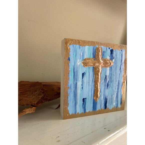 SALE Gold Cross Wood Painting Hand Painted Puffy Wall Art 5 x 5 Block White Blue - Picture 6 of 9
